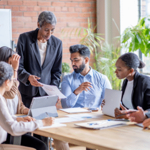 Broker presenting HR outsourcing strategies to clients