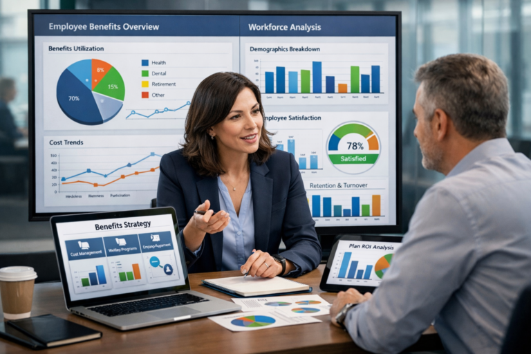 Modern business image showing a benefits consultant advising an employer about employee benefits strategy using charts and analyti.webp