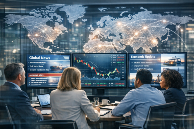 HR team analyzing global economic trends and geopolitical news in a modern office setting Illustration showing global conflict impacting businesses and employees through economic ripple effects
