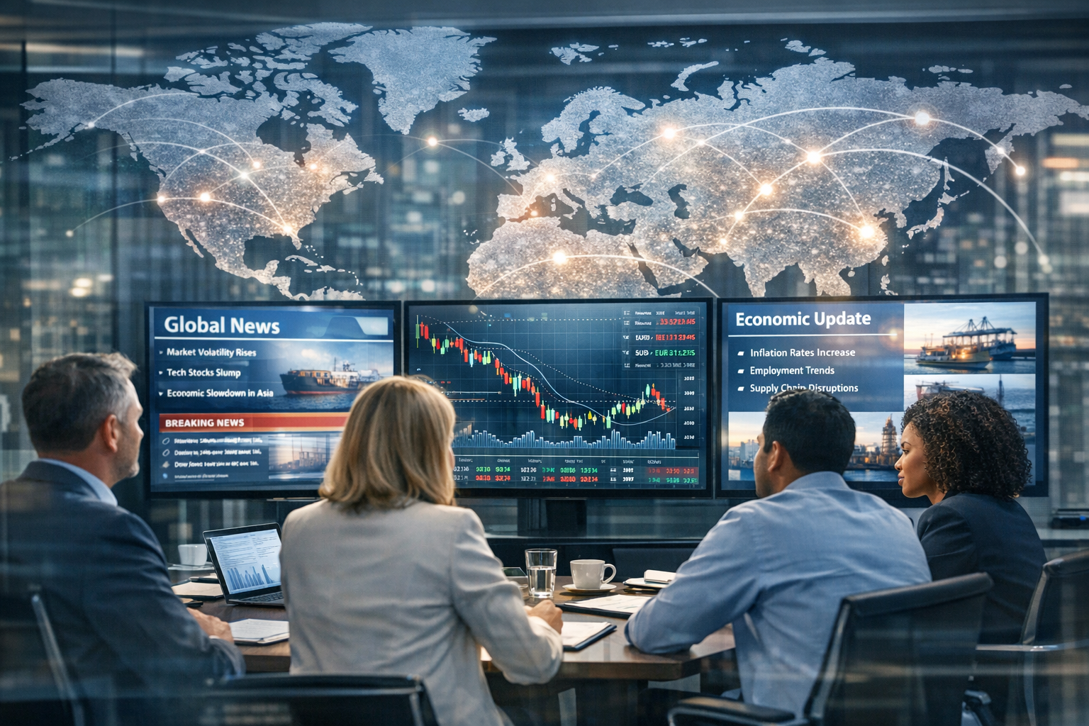 HR team analyzing global economic trends and geopolitical news in a modern office setting Illustration showing global conflict impacting businesses and employees through economic ripple effects