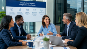 Professional small business leadership team meeting with HR consultant discussing employee benefits strategy, diverse executives reviewing benefits plans, modern conference room, collaborative atmospher