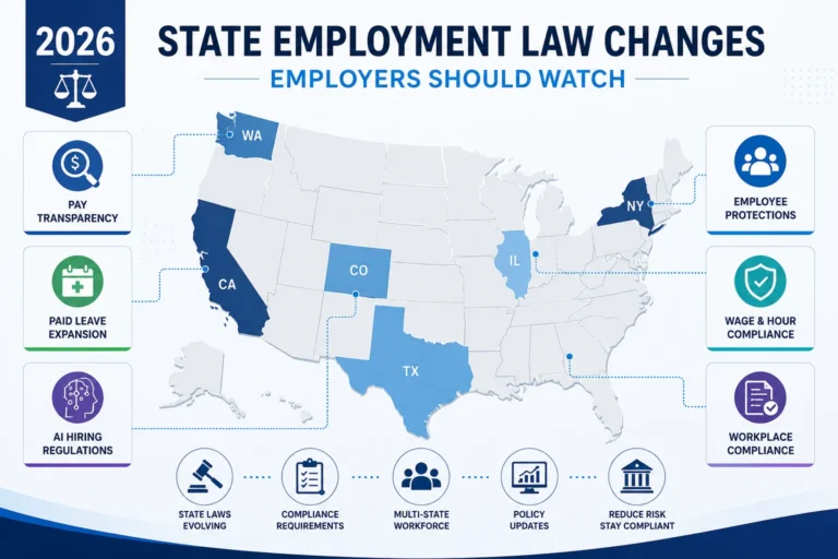 Infographic highlighting key state employment law changes affecting employers in 2026