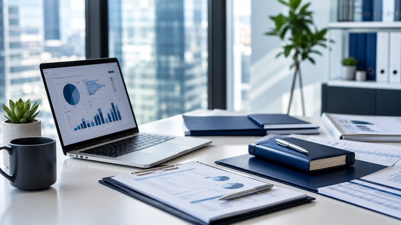 Modern executive workspace with HR compliance documents, laptop, and financial reports in a professional office